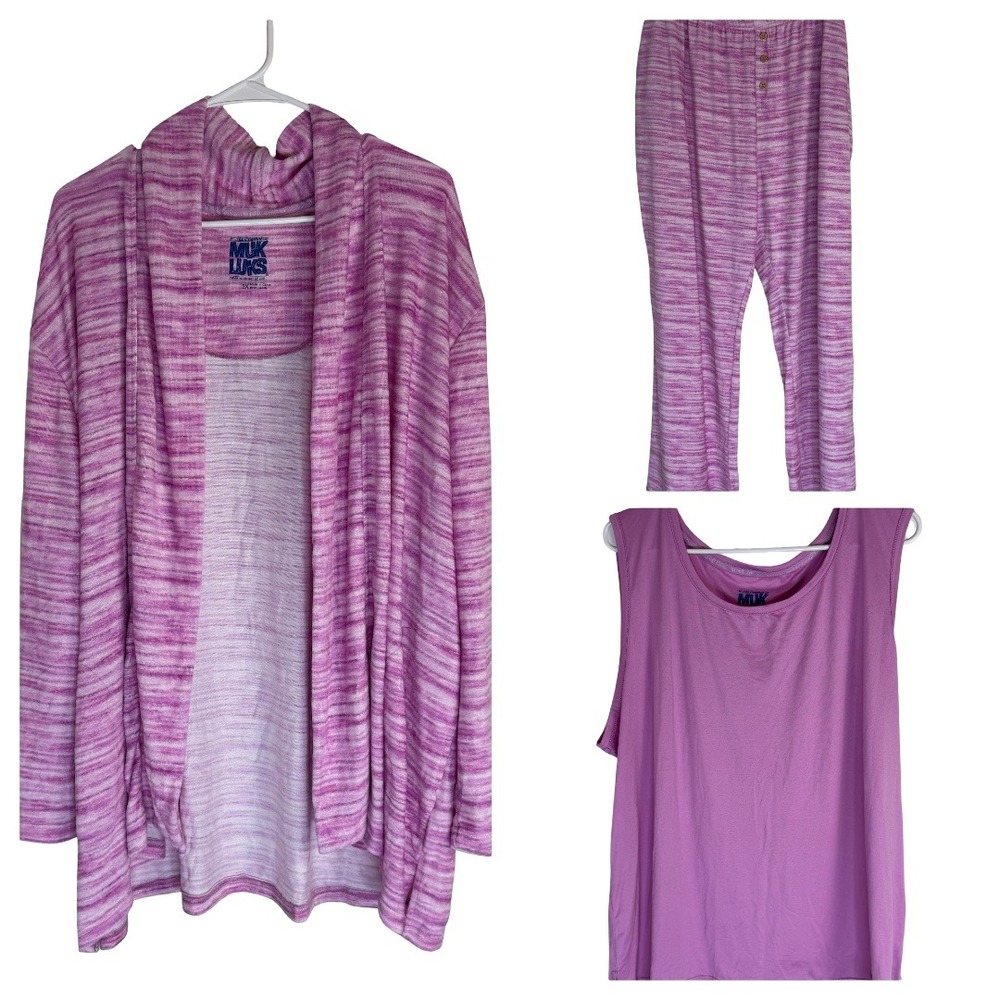 Muk Luks Lounge Set Womens 2X Pink Space Dye 3pc Cardigan Tank Pants A708712